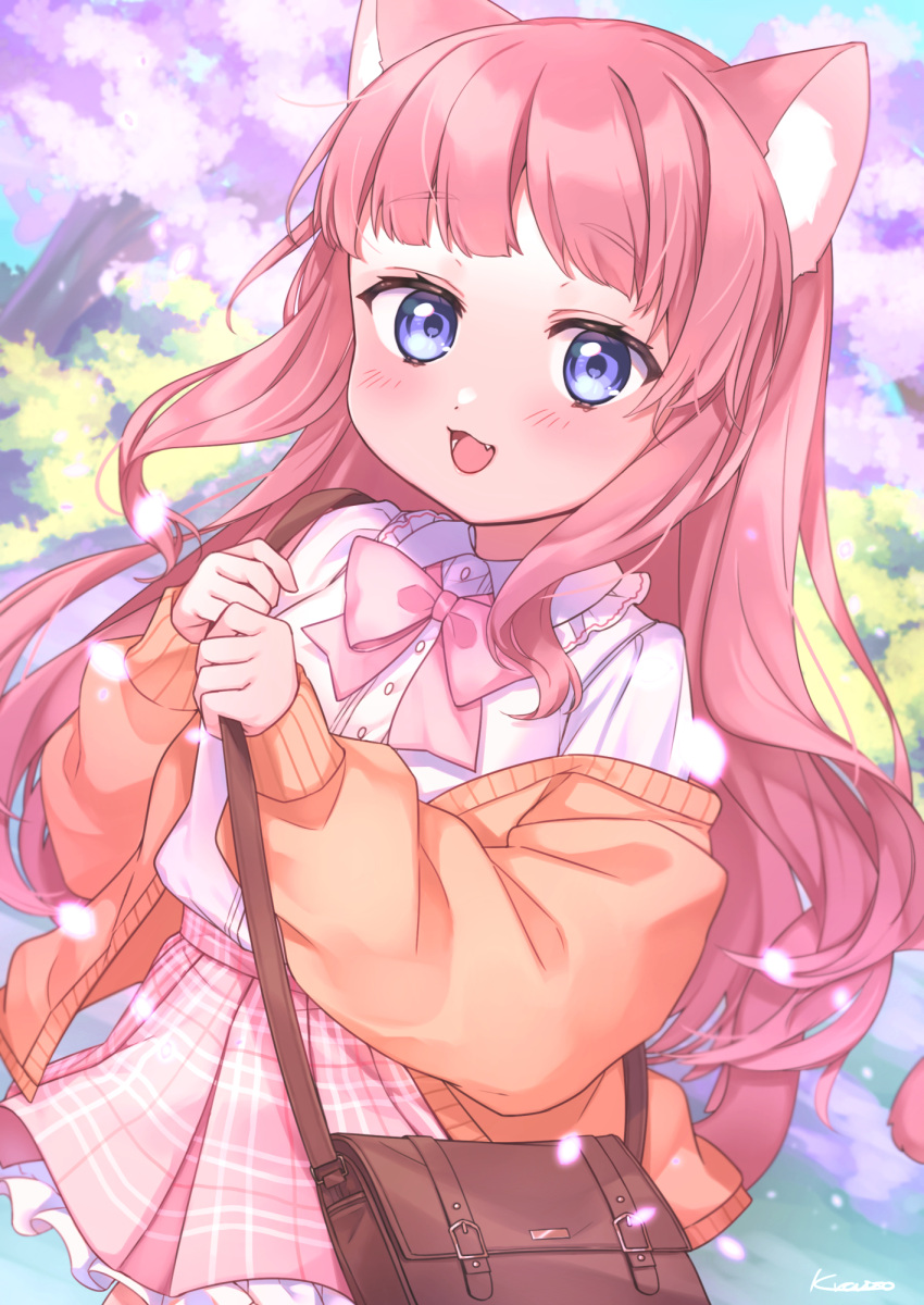 1girl :3 animal_ears bag blush bow bowtie cardigan cat_ears cat_girl cat_tail cherry_blossoms day fang frilled_shirt_collar frills highres holding_strap kawagami_raito long_hair off_shoulder open_mouth original outdoors pink_hair plaid plaid_skirt pleated_skirt shirt_tucked_in shoulder_bag skirt solo tail tree very_long_hair