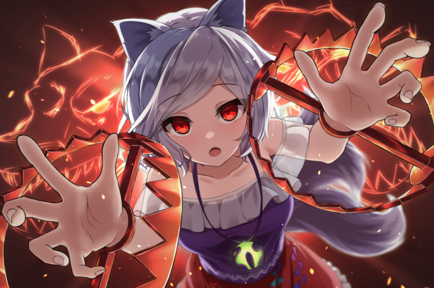 1girl animal_ears aura blush breasts commentary_request foothold_trap grey_hair highres jewelry medium_breasts medium_hair mitsugashira_enoko necklace open_mouth reaching reaching_towards_viewer red_background red_eyes simple_background solo tail touhou unfinished_dream_of_all_living_ghost yosshy