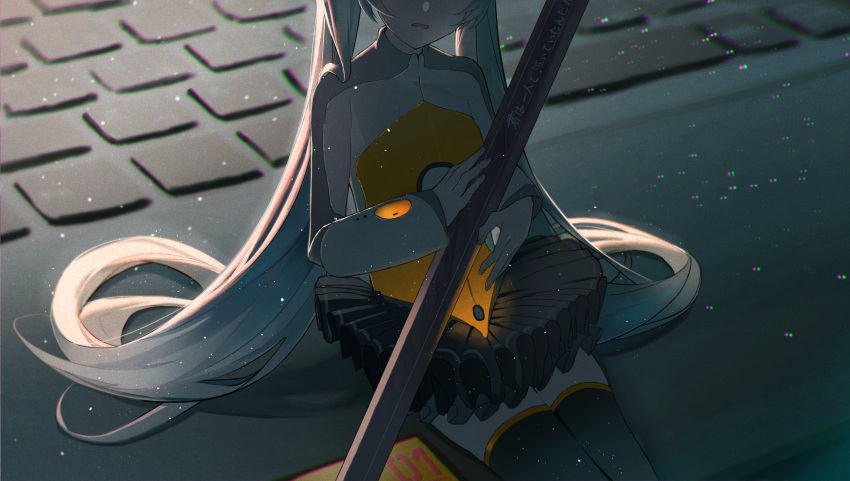 1girl black_skirt black_thighhighs blue_hair blue_nails computer cowboy_shot facing_viewer hatsune_miku head_out_of_frame highres holding holding_pencil keyboard_(computer) laptop layered_skirt long_hair long_sleeves mini_person minigirl nail_polish odds_&amp;_ends_(vocaloid) orange_shirt pencil pleated_skirt shirt sidelocks sitting skirt solo thigh-highs twintails two-tone_shirt very_long_hair vocaloid white_shirt yurun_(yurun_ume) zettai_ryouiki