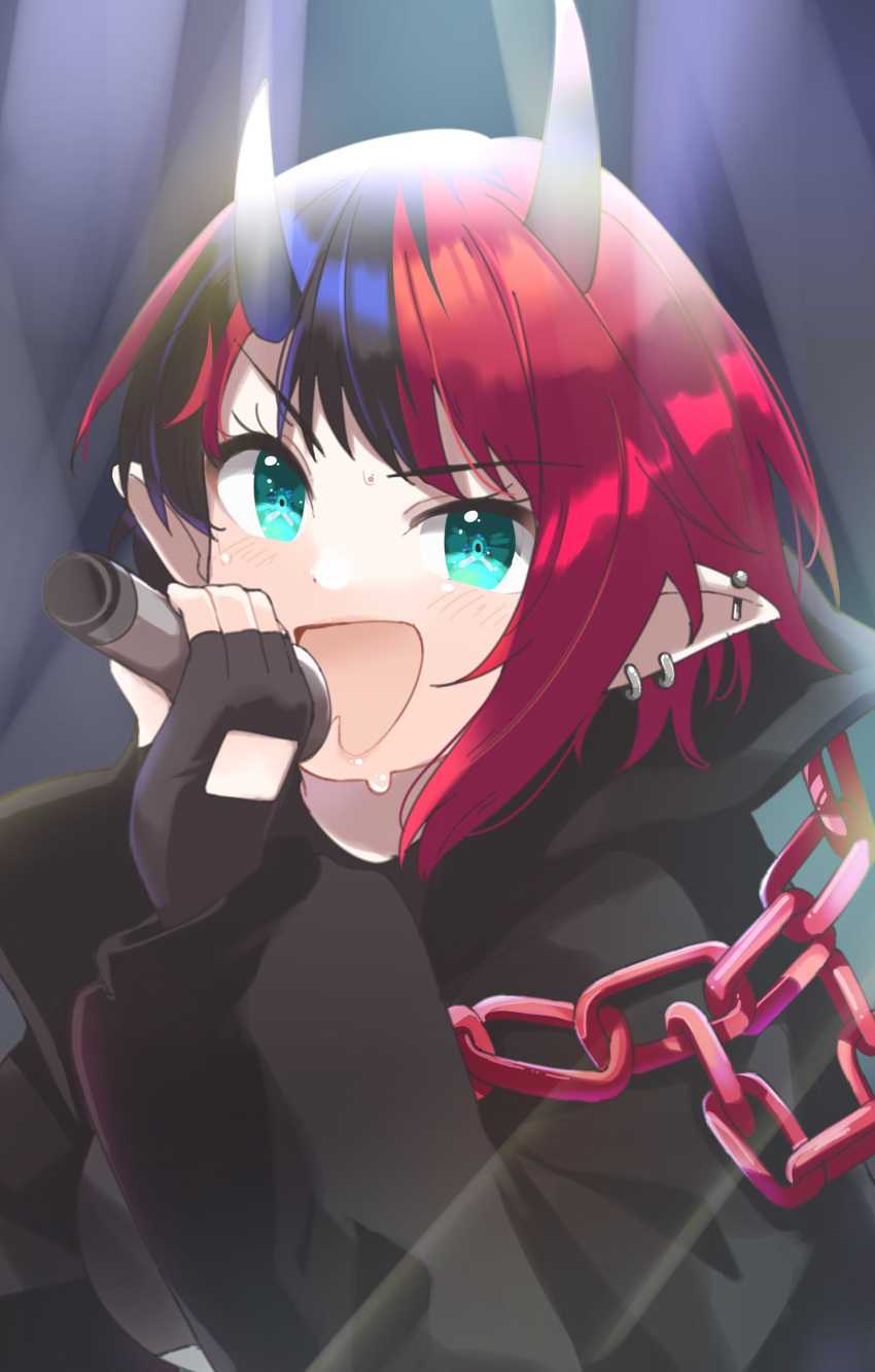 1girl absurdres black_gloves black_hair black_jacket blue_eyes blush chain commentary_request demon_girl demon_horns ear_piercing fingerless_gloves gloves highres holding holding_microphone horns jacket looking_at_viewer microphone multicolored_hair music nanashi_inc. open_mouth piercing pointy_ears redhead ryugasaki_rene short_hair singing solo sugar_lyric two-tone_hair upper_body virtual_youtuber zono_(inokura_syuzo029)