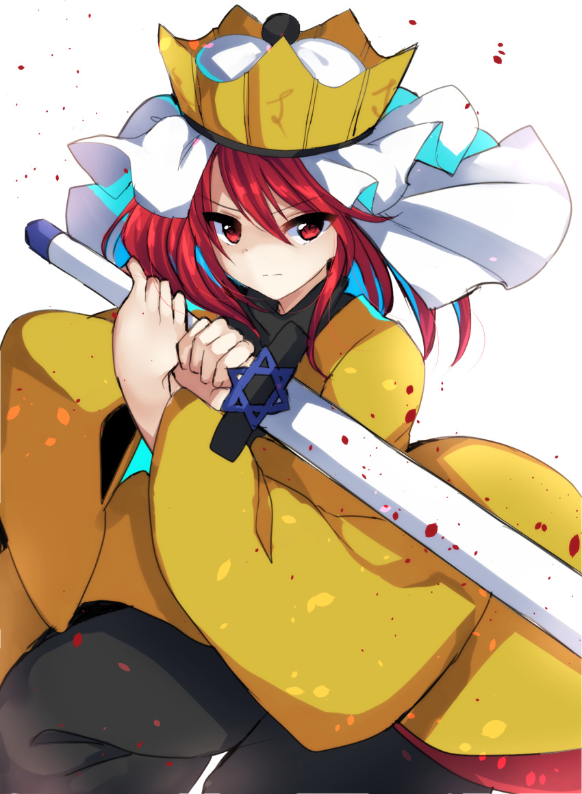 1other androgynous black_pants black_sweater blood_drop closed_mouth commentary_request crown frown hakama hakama_pants hexagram highres holding holding_sword holding_weapon japanese_clothes kimono len'en long_sleeves looking_at_viewer medium_hair ooya_kunimitsu ougi_hina pants red_eyes redhead solo star_of_david sweater sword turtleneck v-shaped_eyebrows weapon white_background white_veil wide_sleeves yellow_headwear yellow_kimono
