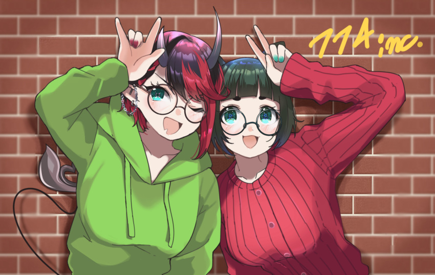 2girls alternate_costume animal_ears animare black-framed_eyewear black_hair blue_eyes blue_nails blunt_bangs blush bob_cut breasts brick_wall commentary_request commission demon_girl demon_horns demon_tail dog_ears glasses green_hair green_hoodie hashiba_natsumi_(animare) highres hood hoodie horns large_breasts looking_at_viewer multicolored_hair multiple_girls nail_polish nanashi_inc. open_mouth pointy_ears red_nails red_sweater redhead ribbed_sweater round_eyewear ryugasaki_rene short_hair skeb_commission smile sugar_lyric sweater tail thick_eyebrows two-tone_hair upper_body v virtual_youtuber zono_(inokura_syuzo029)