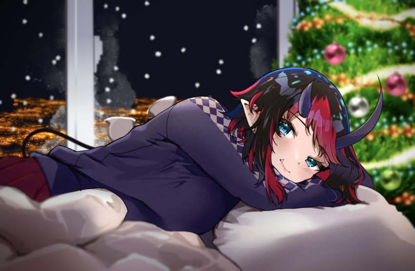 1girl alternate_costume black_hair blue_eyes blush breasts christmas_tree city_lights closed_mouth commentary demon_girl demon_horns demon_tail earrings highres horns indoors jewelry large_breasts looking_at_viewer lying multicolored_hair nanashi_inc. on_bed on_stomach pillow pointy_ears pov_across_bed purple_sweater red_skirt redhead ryugasaki_rene short_hair skirt smile snowing solo stud_earrings sugar_lyric sweater symbol-only_commentary tail two-tone_hair virtual_youtuber zono_(inokura_syuzo029)