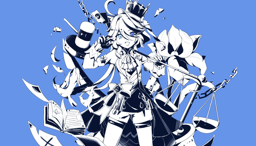 1girl ahoge animal_ears balance_scale bird blue_theme book bow card cat_ears claw_pose flower furina_(genshin_impact) gavel genshin_impact hair_between_eyes hands_up hat hat_bow heterochromia highres magic_penguin monochrome playing_card ruma_(vocaloid) shorts solo top_hat weighing_scale