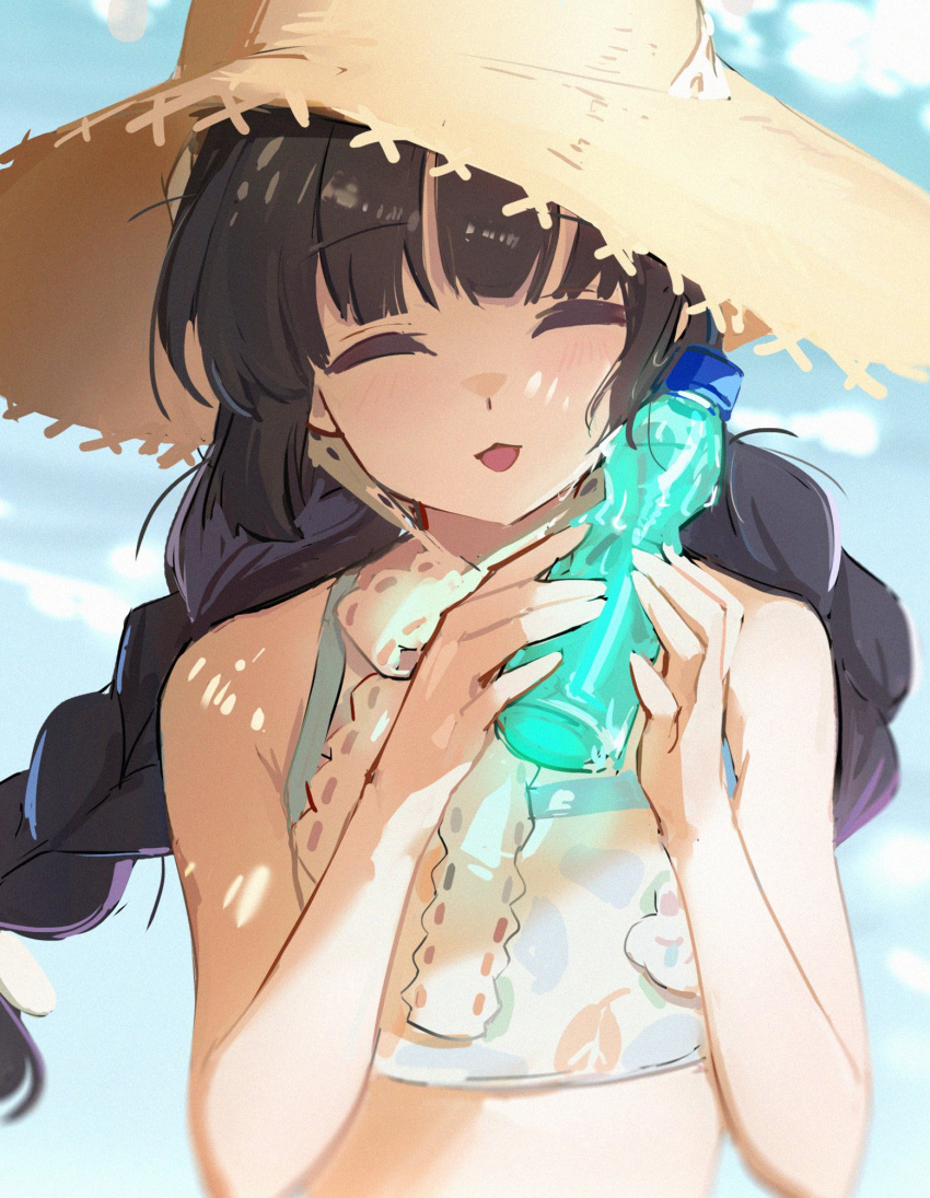 1girl =3 bare_shoulders black_hair blue_archive blurry braid closed_eyes clouds commentary_request condensation facing_viewer flat_chest hat highres light_blush long_hair miyu_(blue_archive) miyu_(swimsuit)_(blue_archive) open_mouth outdoors ramune shioda_(shioda_5) sky solo straw_hat sweat swimsuit teardrop twin_braids very_long_hair
