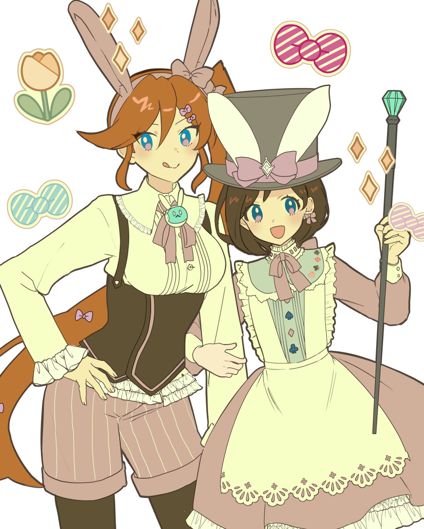 2girls :q absurdres ace_attorney animal_ears athena_cykes black_corset black_hair black_headwear black_pantyhose blue_eyes closed_mouth collared_shirt corset cowboy_shot dress fake_animal_ears gumi_(gelatin) hand_on_own_hip hand_up hat highres holding holding_scepter long_hair long_sleeves multiple_girls neck_ribbon orange_hair pantyhose pink_dress pink_ribbon pink_shorts rabbit_ears ribbon scepter shirt shorts side_ponytail smile standing tongue tongue_out top_hat trucy_wright white_shirt