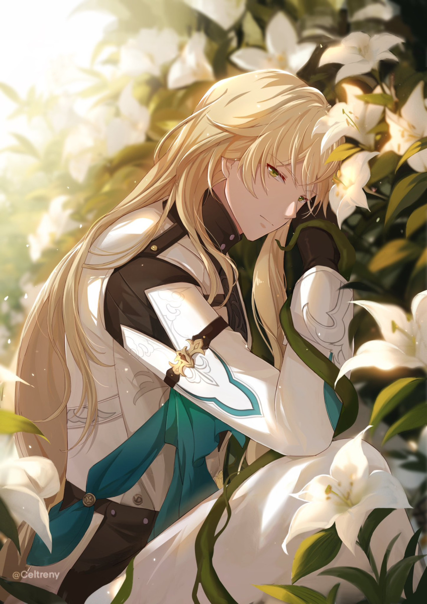 1boy black_gloves black_shirt blonde_hair celtreny closed_mouth coat commentary english_commentary expressionless feet_out_of_frame fetal_position field flower flower_field gloves green_eyes hair_between_eyes highres honkai:_star_rail honkai_(series) light_particles lily_(flower) long_hair long_sleeves looking_at_viewer luocha_(honkai:_star_rail) lying male_focus on_grass on_side pants plant shirt sleeve_garter solo turtleneck twitter_username vines white_coat white_flower white_pants