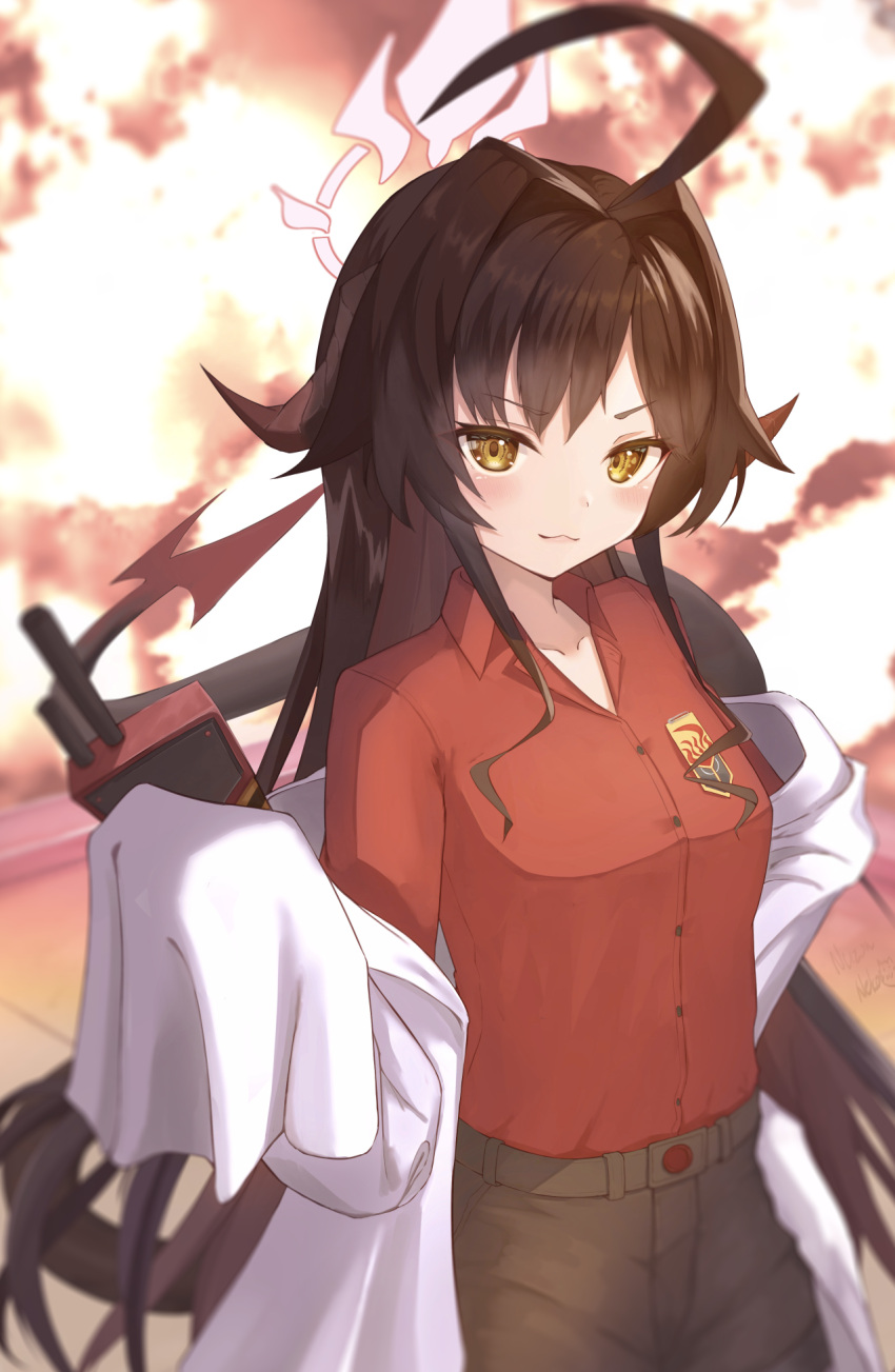 1girl ahoge black_hair black_horns black_shorts black_tail blue_archive blush breasts closed_mouth coat collared_shirt demon_horns explosion hair_intakes halo highres horns kasumi_(blue_archive) lab_coat long_hair nazono_neko red_halo redhead shirt shirt_tucked_in shorts sleeves_past_fingers sleeves_past_wrists small_breasts smile solo walkie-talkie white_coat yellow_eyes