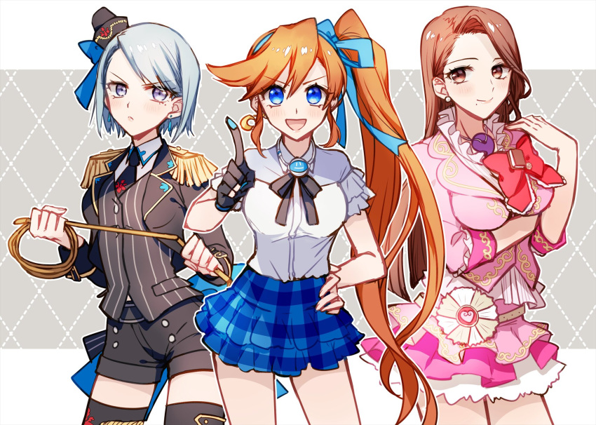 3girls :d ace_attorney alternate_costume argyle argyle_background athena_cykes back_bow belt black_gloves black_headwear black_jacket black_necktie black_ribbon black_shorts blue_bow blue_eyes blue_hair blue_hairband blue_ribbon bow brown_eyes brown_hair buttons closed_mouth collared_shirt cosplay cowboy_shot crescent crescent_earrings cropped_jacket crossed_arms earrings epaulettes franziska_von_karma frilled_shirt frilled_skirt frilled_sleeves frills gloves grey_background hair_ribbon hairband hand_on_own_hip hand_up hands_up hat hat_bow headwear_request highres holding holding_whip jacket jewelry lapels letterboxed long_hair long_sleeves looking_at_viewer magatama magatama_necklace mia_fey minami_mirei minami_mirei_(cosplay) mini_hat miniskirt mole mole_under_eye mole_under_mouth multiple_girls neck_ribbon necklace necktie orange_hair partially_fingerless_gloves pink_jacket pink_skirt plaid plaid_skirt pointing pointing_up pretty_(series) print_necktie pripara red_bow ribbon sano_(merrymerry) shirt shirt_tucked_in short_hair short_sleeves shorts side_ponytail sidelocks single_earring single_glove skirt sleeve_cuffs smile straight_hair striped striped_vest swept_bangs v-shaped_eyebrows vertical-striped_vest vertical_stripes very_long_hair vest violet_eyes white_shirt