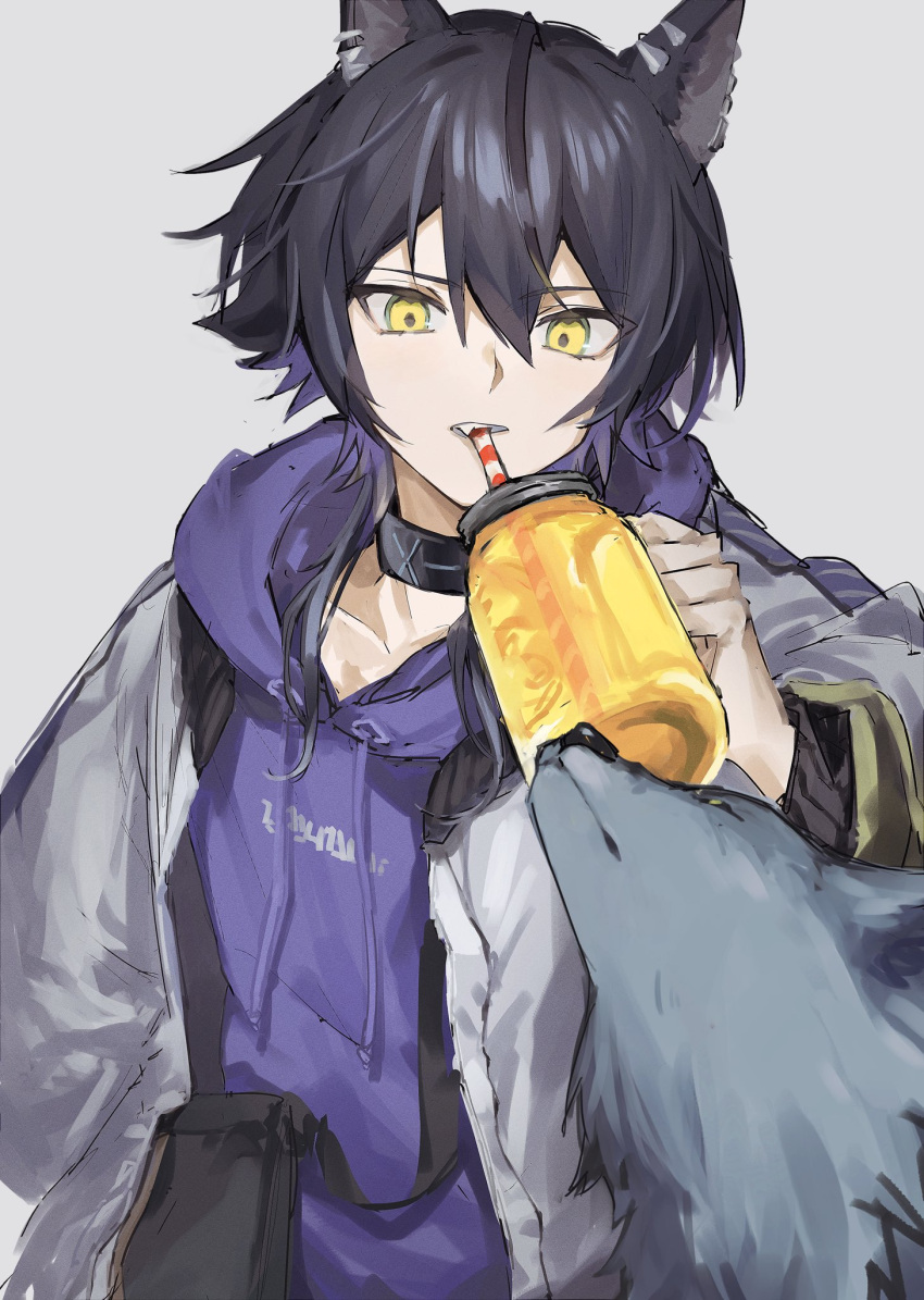 1boy animal_ear_fluff animal_ears arknights colored_inner_hair commentary drinking drinking_straw drinking_straw_in_mouth grey_background highres hood hoodie infection_monitor_(arknights) jacket looking_at_viewer male_focus mason_jar mokuro3m multicolored_hair official_alternate_costume pouch purple_hair purple_hoodie simple_background solo upper_body vigil_(arknights) vigil_(the_other_side_of_siracusa)_(arknights) white_jacket wolf wolf_boy wolf_ears yellow_eyes