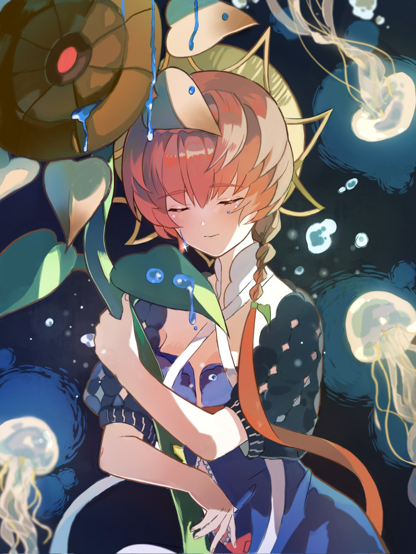 1girl air_bubble blue_overalls blush braid breasts brown_hair bubble closed_eyes closed_mouth clothing_cutout crown_braid fate/grand_order fate_(series) flower highres holding holding_flower jellyfish navel_cutout orange_headwear overalls puffy_short_sleeves puffy_sleeves short_sleeves side_braid small_breasts solo sunflower van_gogh_(fate) vega00211 water zipper_pull_tab