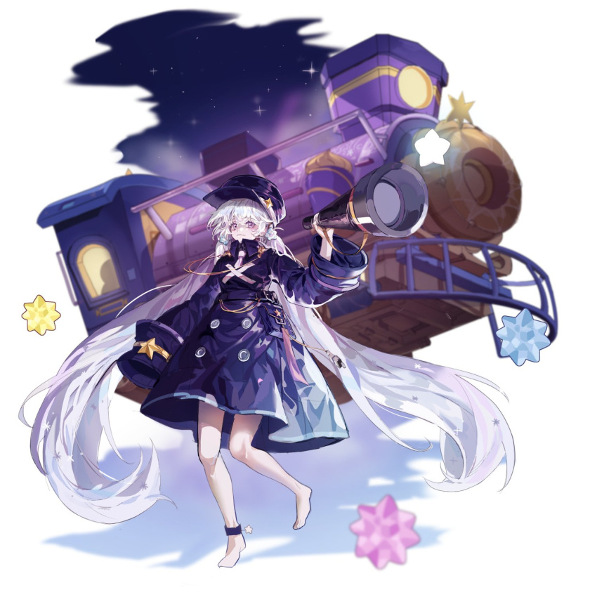 1girl :3 barefoot belt belt_pouch buttons candy collar_chain_(jewelry) collared_dress cookie_run double-breasted dress food hat highres holding holding_instrument horn_(instrument) humanization instrument konpeitou long_hair long_sleeves looking_at_viewer low_twintails milky_way_cookie necktie night peaked_cap pink_necktie pouch purple_belt purple_dress purple_headwear ruian_hama sky sleeve_cuffs sleeves_past_fingers sleeves_past_wrists solo standing star_(sky) star_(symbol) starry_sky train train_conductor twintails very_long_hair very_long_sleeves violet_eyes vuvuzela white_background white_hair