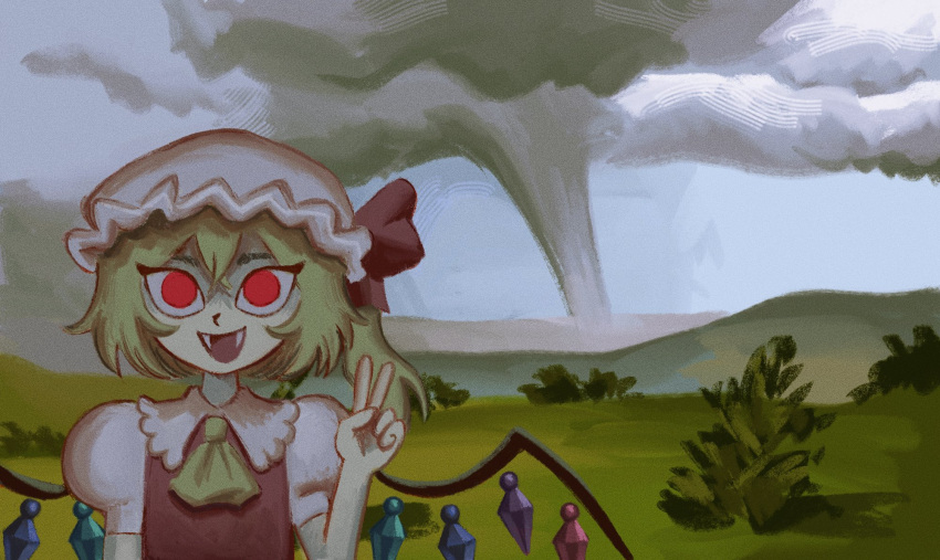 1girl :d ascot blonde_hair collared_shirt crossed_bangs fangs flandre_scarlet flandrepudding frilled_shirt_collar frills hat highres looking_at_viewer mob_cap one_side_up puffy_short_sleeves puffy_sleeves red_eyes red_vest shirt short_hair short_sleeves smile solid_circle_pupils solo tornado touhou tree v vest white_shirt wings yellow_ascot