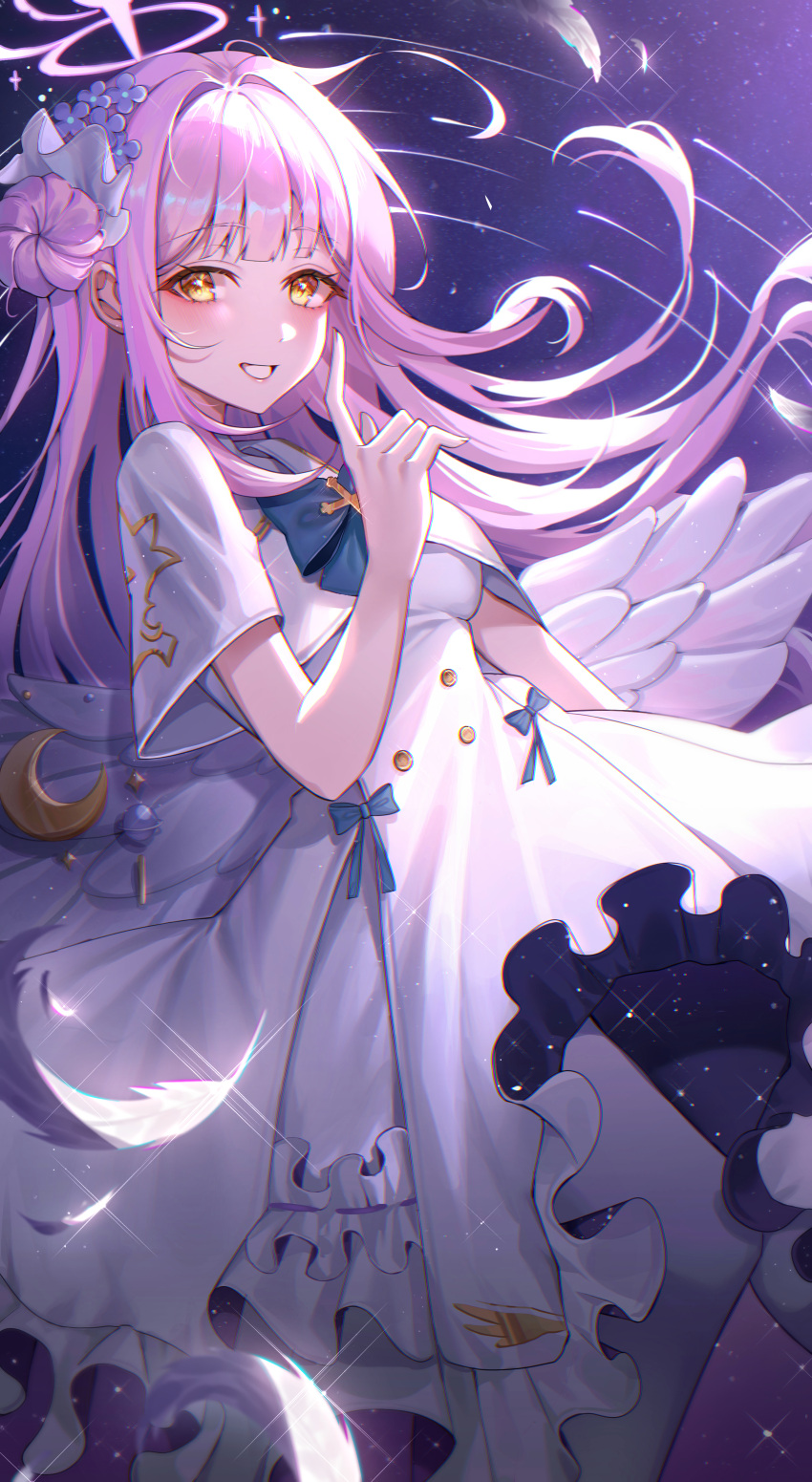 1girl absurdres angel_wings blue_archive capelet commentary dress feathered_wings feathers flower hair_bun hair_flower hair_ornament halo highres lisa_78 long_hair looking_at_viewer mika_(blue_archive) open_mouth pink_hair pink_halo purple_flower single_side_bun smile solo white_capelet white_dress white_wings wings yellow_eyes