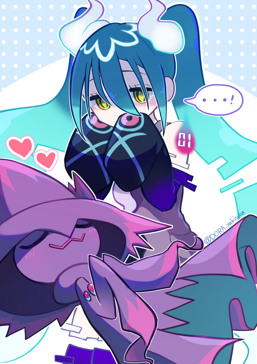 1girl absurdres aqua_hair closed_eyes detached_sleeves dora_yakisoba ghost ghost_miku_(project_voltage) glitch grey_shirt hair_between_eyes hatsune_miku heart highres long_hair mismagius pale_skin pokemon pokemon_(creature) project_voltage shirt sleeves_past_fingers sleeves_past_wrists twintails very_long_hair vocaloid will-o'-the-wisp_(mythology) yellow_eyes