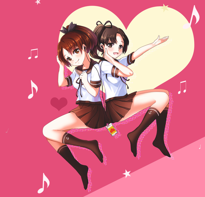 2girls :d anchor_symbol arm_up ayanami_(kancolle) beamed_eighth_notes black_ribbon blush breasts brown_eyes brown_hair brown_ribbon brown_sailor_collar brown_skirt brown_socks closed_mouth commentary_request earphones earphones eighth_note hair_ribbon heart highres kantai_collection kuzumochi_(kuzumochiya) long_hair medium_breasts multiple_girls musical_note neck_ribbon outstretched_arm parted_bangs pink_background pleated_skirt ponytail ribbon sailor_collar school_uniform serafuku shared_earphones shikinami_(kancolle) shirt short_sleeves side_ponytail skirt smile socks very_long_hair white_shirt