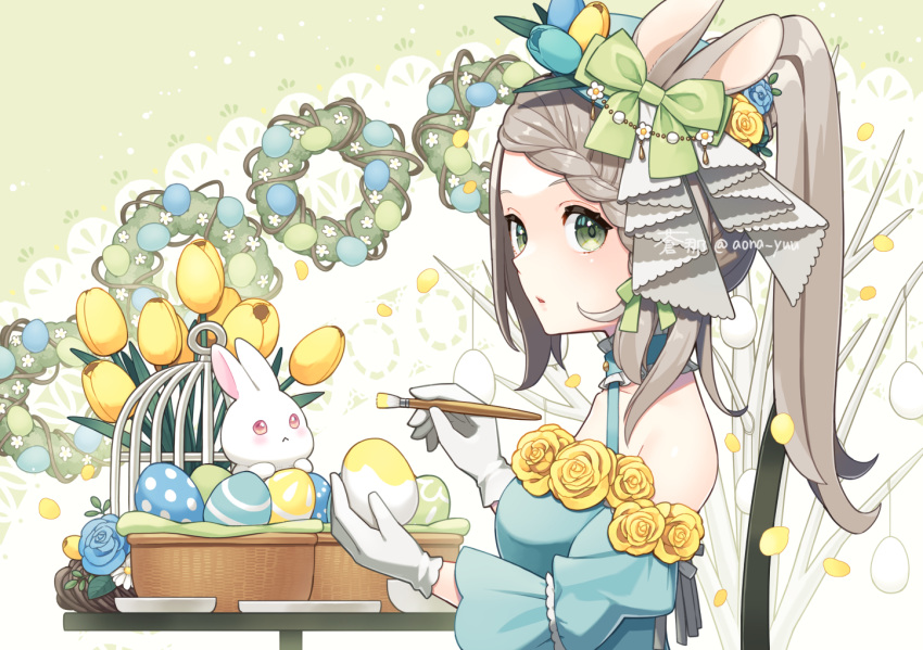 1girl animal_ears animal_hat aona_(noraneko) aqua_dress aqua_flower basket beret birdcage blue_flower blue_headwear blue_rose blue_tulip bow braid braided_bangs branch cage collar daisy doily dress easter easter_egg egg fake_animal_ears flower flower_trim frilled_collar frills from_side gloves green_background green_bow green_eyes grey_hair halter_dress halterneck hat hat_bow hat_flower holding holding_egg holding_paintbrush long_hair long_sleeves looking_at_viewer looking_to_the_side off-shoulder_dress off_shoulder original paintbrush painting_(action) parted_lips ponytail rabbit rabbit_ears rabbit_hat rose solo tulip upper_body white_flower white_gloves wreath yellow_flower yellow_rose yellow_tulip