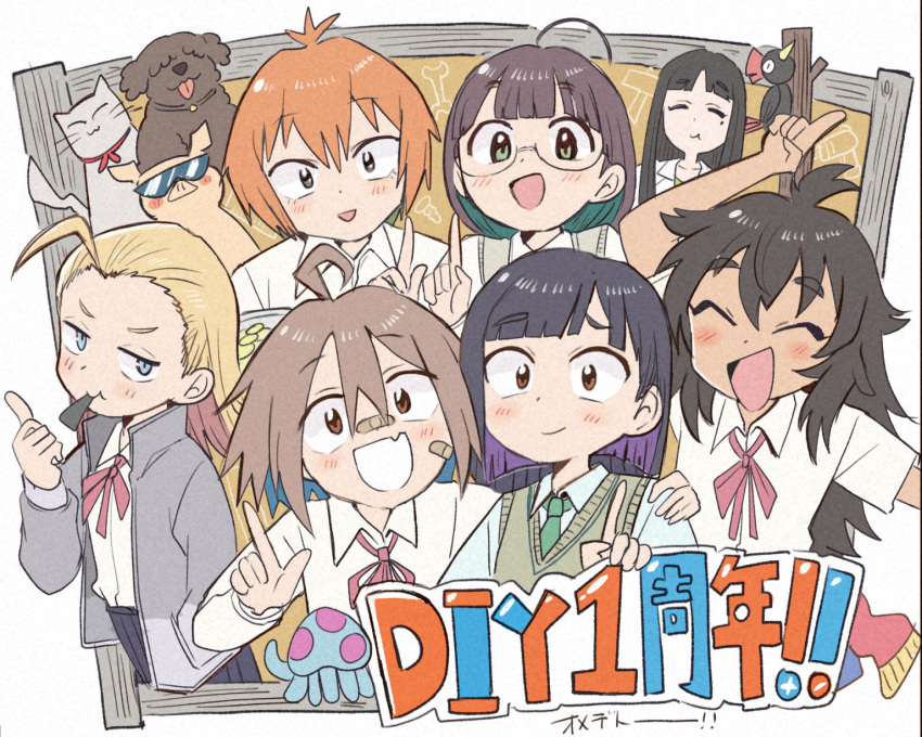 6+girls ahoge bird black_hair blonde_hair blue_eyes blue_hair blunt_bangs blush brown_eyes brown_hair cat character_request closed_mouth collared_shirt colored_inner_hair dark-skinned_female dark_skin do_it_yourself!! dog fang glasses green_eyes green_hair green_necktie highres index_finger_raised looking_at_viewer multicolored_hair multiple_girls necktie open_mouth orange_hair purple_hair round_eyewear shirt skin_fang smile sunglasses translation_request tsubobot white_shirt
