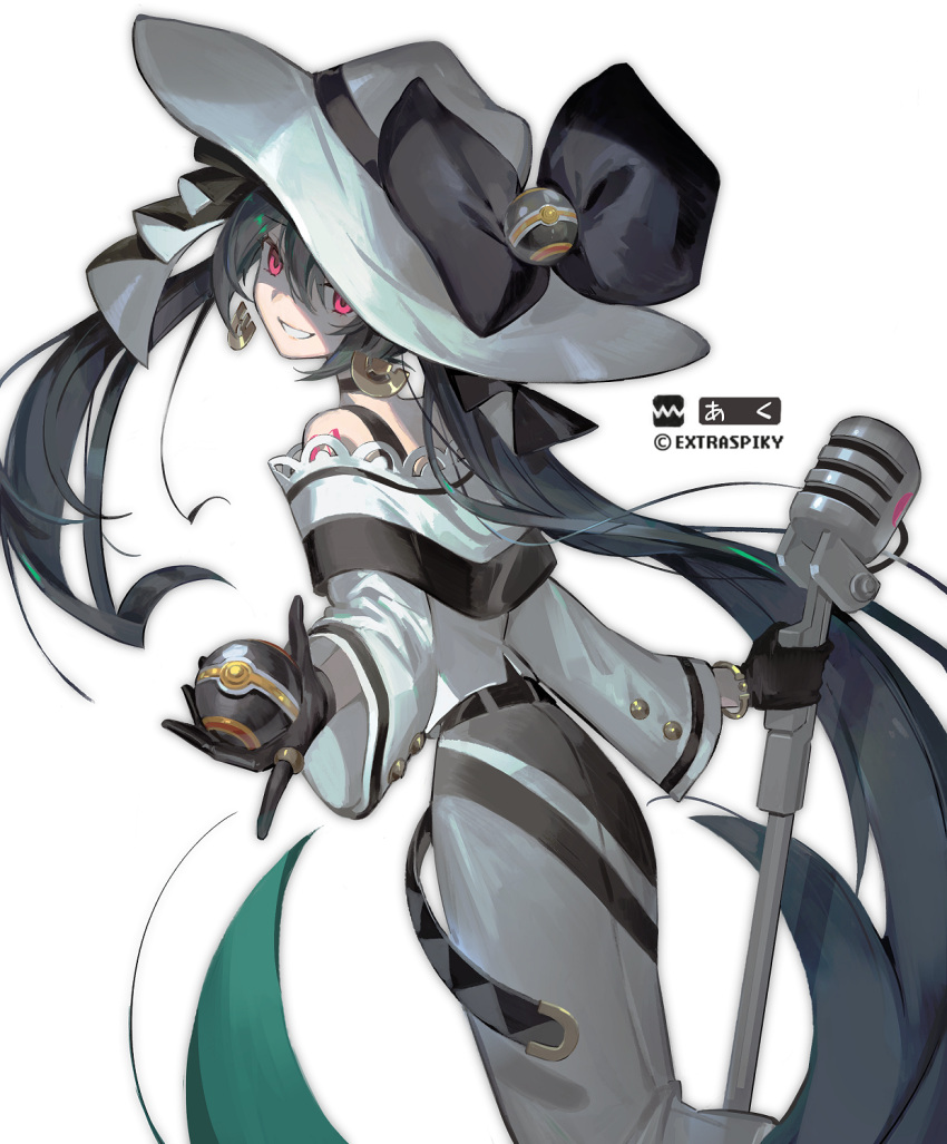 1girl black_bow black_gloves bow dark_green_hair dark_miku_(project_voltage) earrings extraspiky gloves grin hat hat_bow hatsune_miku highres holding holding_microphone jewelry long_hair long_skirt long_sleeves looking_at_viewer looking_back luxury_ball microphone microphone_stand poke_ball pokemon project_voltage red_eyes ring simple_background skirt smile twintails uneven_twintails very_long_hair vocaloid white_background