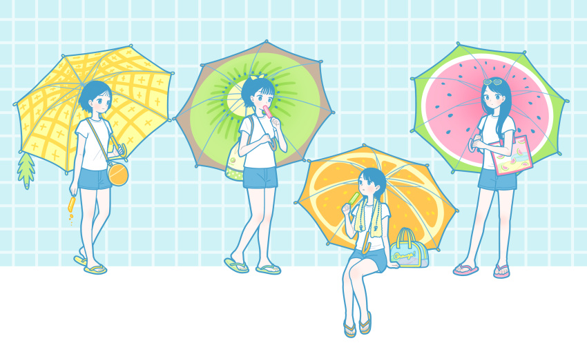 4girls bag blue_hair blue_shorts blush eating eyewear_on_head flip-flops food food_print fruit_print highres kiwi_print long_hair medium_hair multiple_girls orange_print original parted_lips pineapple_print ponytail popsicle print_umbrella sandals shirt short_hair short_sleeves shorts shoulder_bag sitting standing umbrella watermelon_print white_shirt yellow-framed_eyewear yoshimon