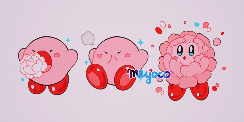 :i artist_name blush blush_stickers closed_eyes copy_ability flower grey_background heart highres kirby kirby_(series) meyoco no_humans peony_(flower) pink_flower simple_background sparkle