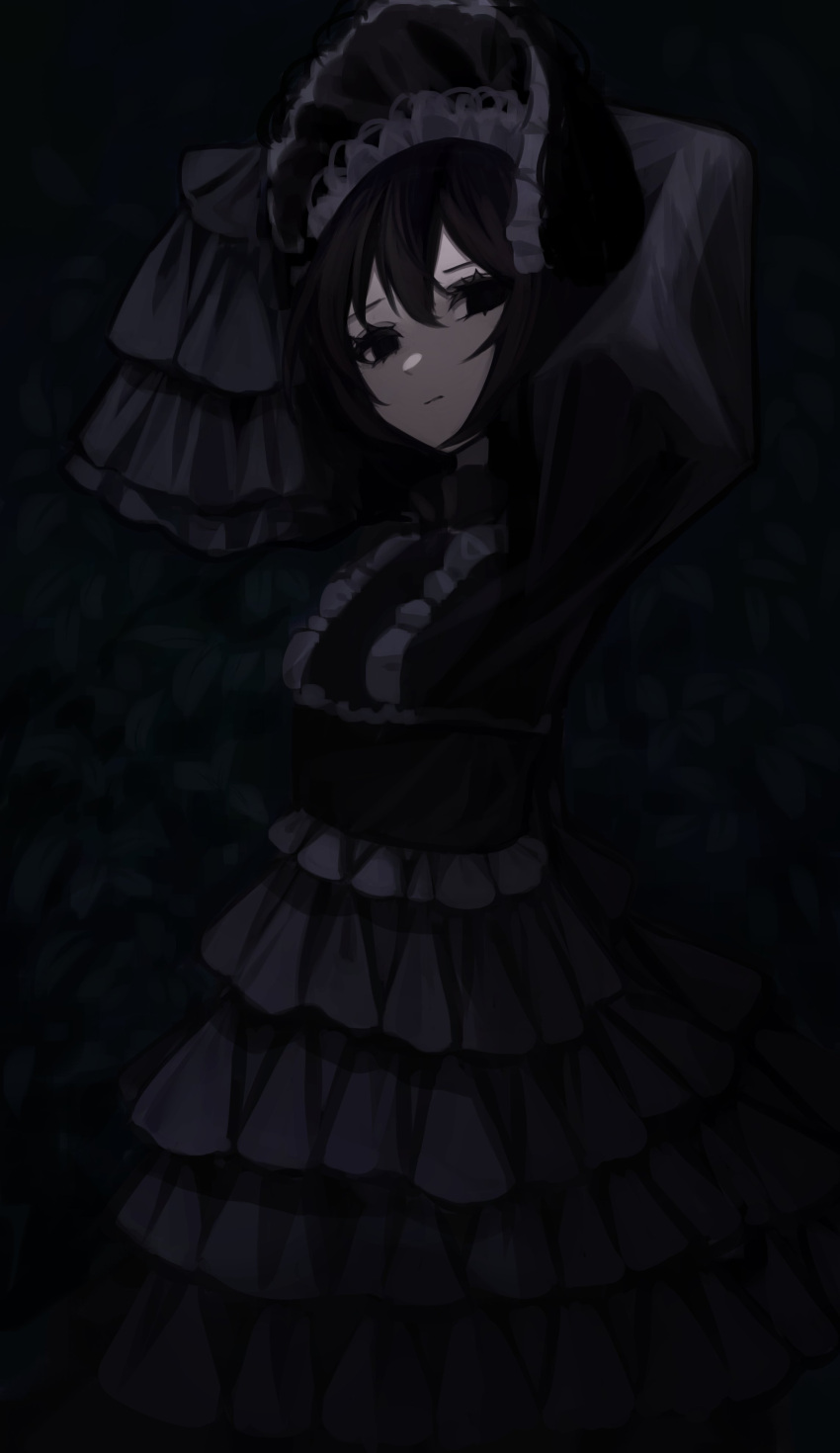 1girl absurdres arms_behind_head arms_up black_background black_dress black_eyes black_hair black_headwear bob_cut bonnet breasts closed_mouth commentary dark dress empty_eyes expressionless eyelashes feet_out_of_frame frilled_bonnet frilled_dress frills gothic_lolita hair_between_eyes highres lolita_fashion looking_at_viewer monogatari_(series) oshino_ougi pale_skin short_hair sleeves_past_fingers sleeves_past_wrists small_breasts solo standing very_long_sleeves yamada_maya_(yamdmay)
