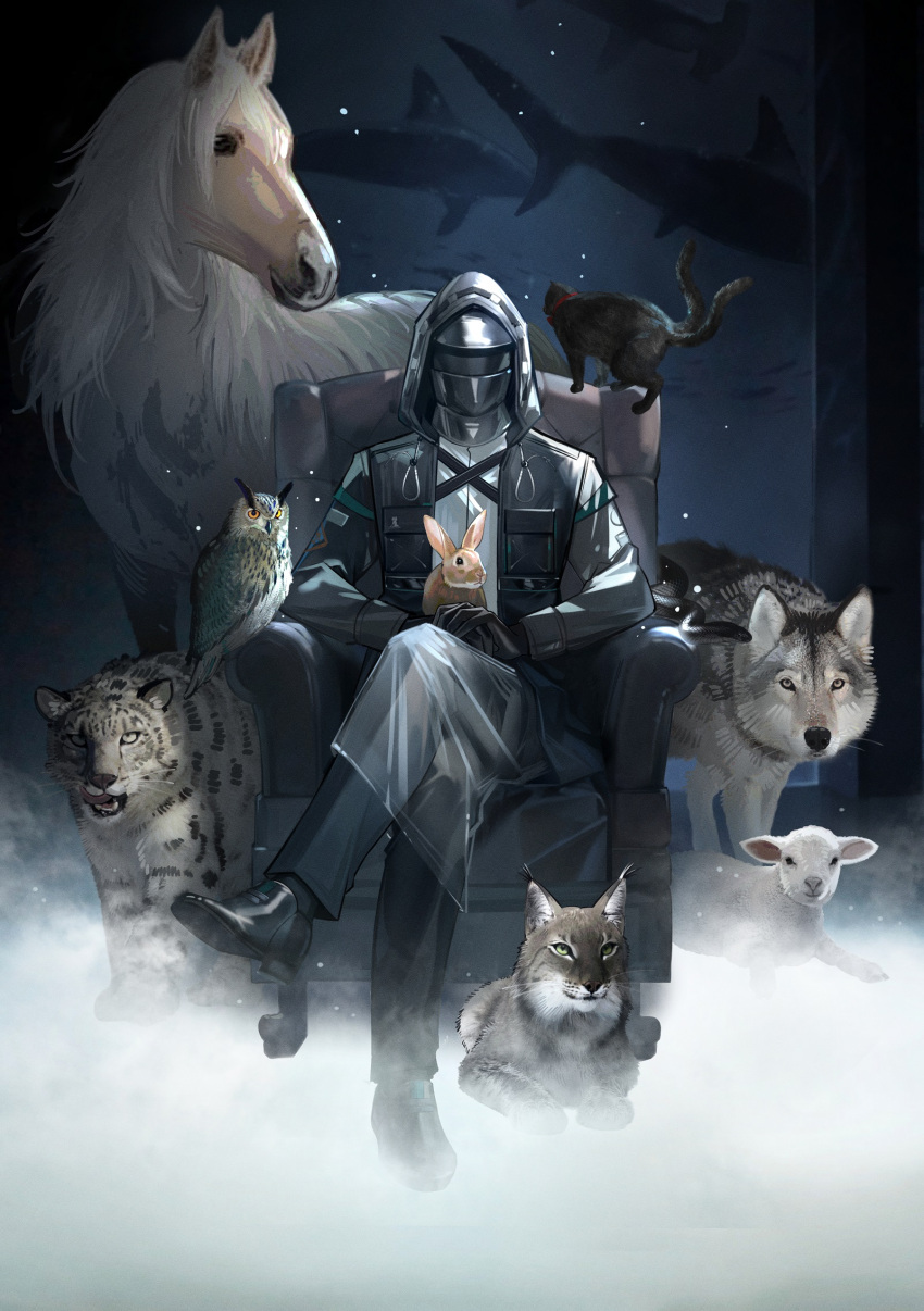 1other 9chung ambiguous_gender arknights armchair bird black_coat black_footwear black_gloves black_pants cat chair coat commentary crossed_legs doctor_(arknights) facing_viewer fish gloves highres hood hood_up hooded_coat horse long_sleeves lynx mask multiple_tails on_lap open_clothes open_coat owl pants rabbit shark sheep shirt shoes sitting snow_leopard tail two_tails white_shirt wolf