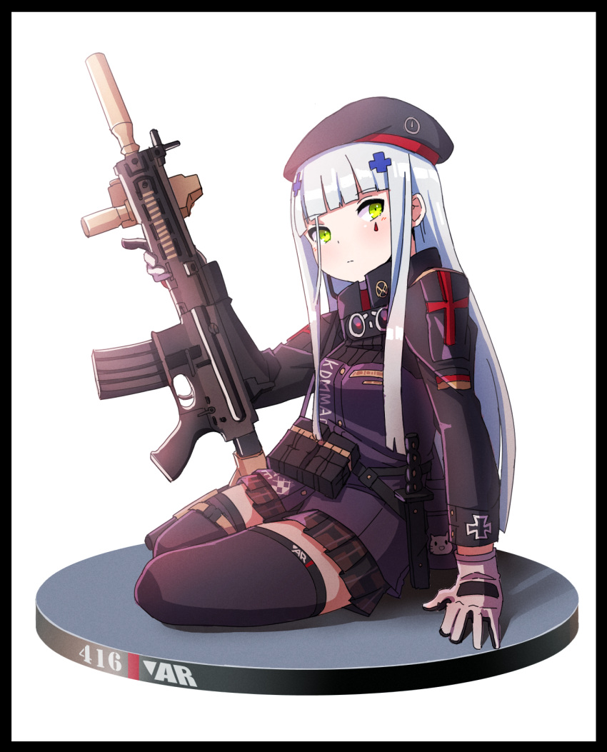 1girl arm_support assault_rifle beret black_border black_headwear black_skirt black_thighhighs blunt_bangs blush border breasts closed_mouth commentary_request cross facial_mark girls_frontline gloves green_eyes grey_gloves grey_hair gun h&amp;k_hk416 hair_ornament hat highres hk416_(girls'_frontline) holding holding_gun holding_weapon iron_cross jacket kuro_kosyou long_hair looking_at_viewer name_connection object_namesake plaid plaid_skirt pleated_skirt purple_jacket rifle simple_background skirt small_breasts solo thigh-highs very_long_hair weapon white_background