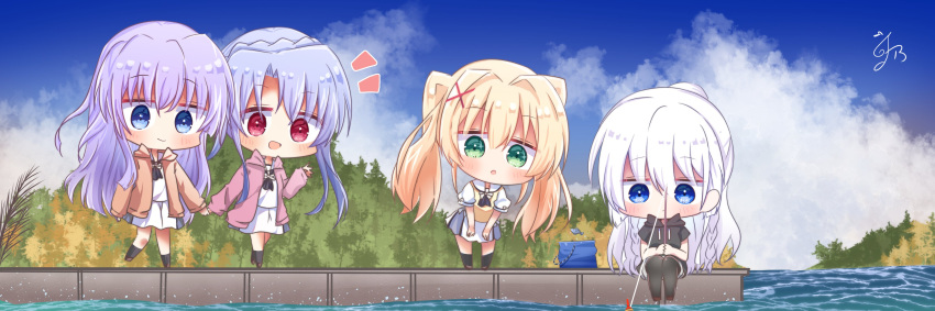 4girls :d :o absurdres alternate_costume alternate_hairstyle ascot black_ascot black_hoodie black_pantyhose black_socks blonde_hair blue_eyes blue_hair blue_sky blunt_ends blush braid bucket chibi closed_mouth clouds commission crown_braid expressionless eyes_visible_through_hair fish fishing_rod green_eyes hair_between_eyes hair_intakes hair_ornament hand_up hands_on_own_thighs highres holding holding_fishing_rod holding_hands hood hood_down hoodie jitome kneehighs leaning_forward light_purple_hair long_hair looking_at_another looking_down miniskirt multiple_girls naruse_shiroha notice_lines ocean open_mouth outdoors own_hands_together pantyhose ponytail puffy_short_sleeves puffy_sleeves red_eyes sailor_collar school_uniform shirt short_sleeves siblings sidelocks signature sisters sitting skeb_commission skirt sky smile socks sorakado_ai sorakado_ao sparkling_eyes standing summer summer_pockets sweater_vest tsumugi_wenders twin_braids twins twintails utuigawa very_long_hair walking waving white_hair white_sailor_collar white_shirt white_skirt x_hair_ornament yellow_sweater_vest