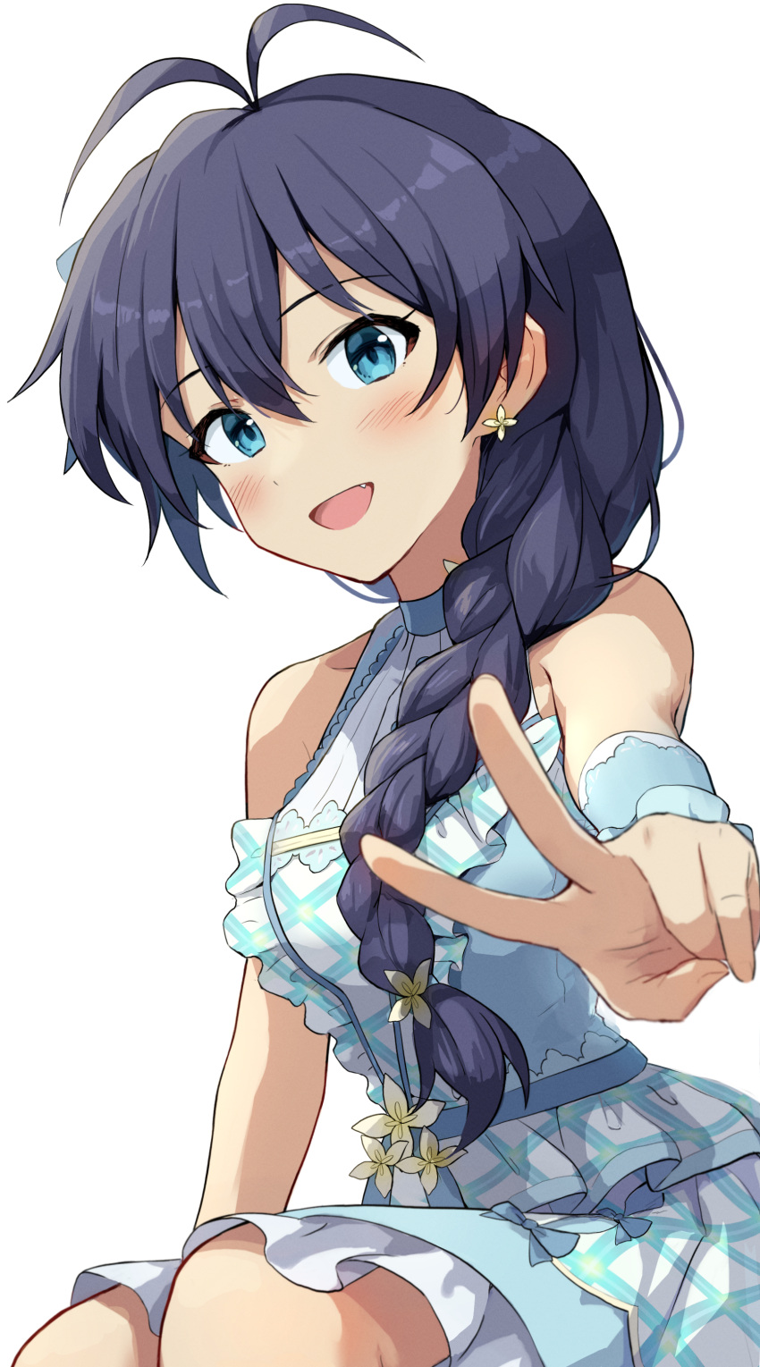 1girl absurdres antenna_hair bare_shoulders black_hair blue_dress blue_eyes braid braided_ponytail commentary_request dress earrings fang flower ganaha_hibiki hair_flower hair_ornament hair_over_shoulder highres idolmaster idolmaster_(classic) jewelry long_hair looking_at_viewer open_mouth shuucream_(syuichi) simple_background sitting sleeveless sleeveless_dress smile solo upper_body v white_background