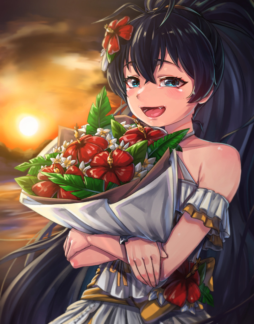 1girl absurdres bare_shoulders black_hair blue_eyes blush bouquet commentary_request dress fang flower ganaha_hibiki hair_flower hair_ornament hibiscus highres hold111 holding holding_bouquet idolmaster idolmaster_(classic) korean_commentary long_hair looking_at_viewer open_mouth outdoors sky sleeveless sleeveless_dress smile solo sun sunset upper_body very_long_hair white_dress
