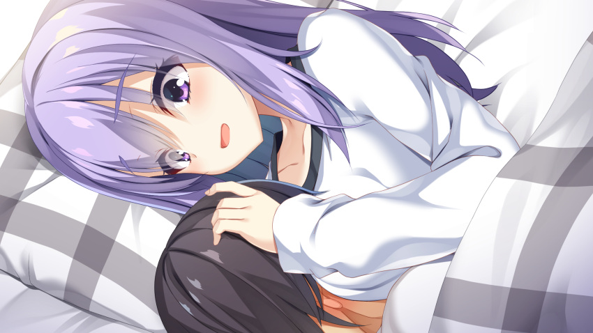 1boy 1girl aria. arihara_satoru between_breasts black_hair blush breasts collarbone commentary_request ear_blush eyelashes eyes_visible_through_hair hair_between_eyes hand_up head_between_breasts head_on_pillow headpat hetero highres hug ise_kotori light_purple_hair light_smile long_hair long_sleeves looking_at_another lying on_back on_side open_mouth paid_reward_available pajamas riddle_joker short_hair sidelocks solo_focus under_covers upper_body variant_set violet_eyes white_pajamas