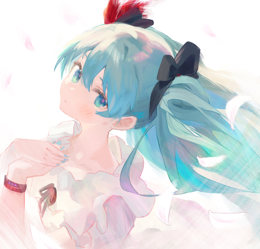 1girl aqua_eyes aqua_hair aqua_nails black_bow black_ribbon blouse bow bracelet collarbone faux_traditional_media feather_hair_ornament feathers floating_hair frilled_shirt frills hair_bow hair_ornament hair_ribbon hands_on_own_chest hatsune_miku highres jewelry light_blush mihoranran own_hands_together pale_skin pastel_colors project_diva_(series) red_feathers ribbon shirt solo supreme_(module) twintails vocaloid white_background white_feathers white_shirt wind world_is_mine_(vocaloid)