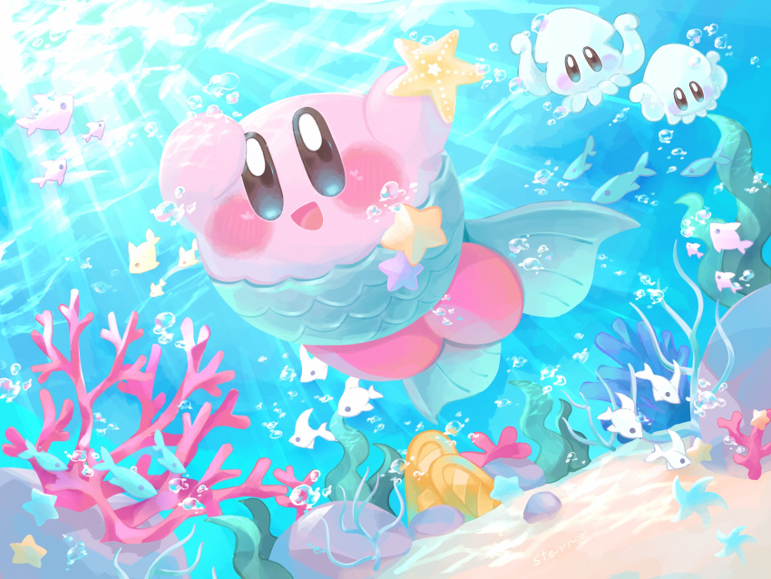 1boy :d blue_eyes blush commentary_request copy_ability coral fins fish fish_tail hal_laboratory_inc. highres holding kirby kirby_(series) kirby_(specie) light_rays mermaid mermaid_costume nintendo no_humans open_mouth rock sand sea_anemone seafloor seaweed smile squid squishy_(kirby) star_(symbol) starfish stern_(stern_dream) sunlight swimming tail underwater