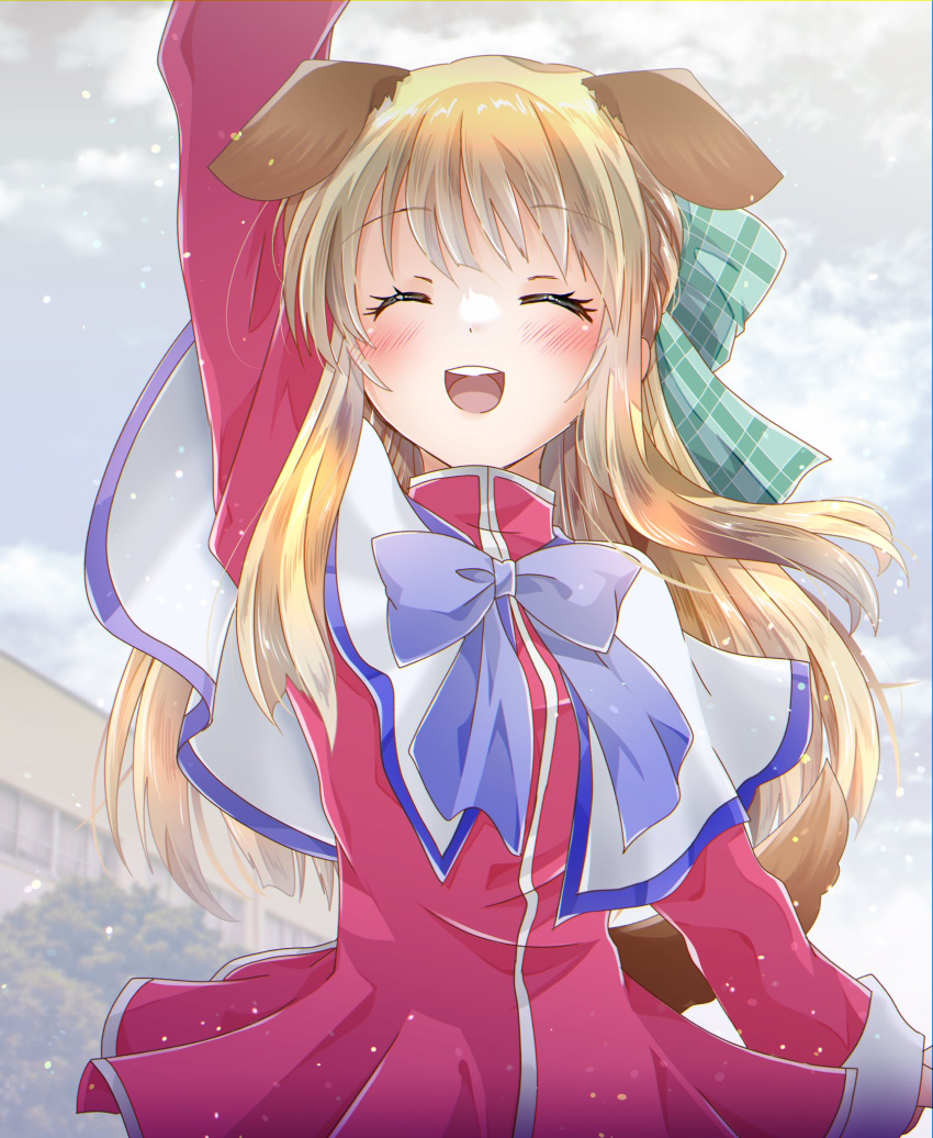 1girl :d ^_^ animal_ears arm_at_side arm_up blue_bow blunt_bangs blunt_ends blurry blurry_background blush bow capelet closed_eyes clouds cloudy_sky commentary_request commission cowboy_shot dog_ears dog_girl dog_tail dress eyelashes facing_viewer floating_hair green_bow hair_bow happy highres kanon kurata_sayuri light_brown_hair long_hair long_sleeves open_mouth outdoors plaid plaid_bow red_dress round_teeth school_uniform second-party_source short_dress sidelocks skeb_commission sky smile snowing solo standing straight_hair tail tail_raised teeth upper_teeth_only very_long_hair waving white_capelet winter yukiomi_kizuki