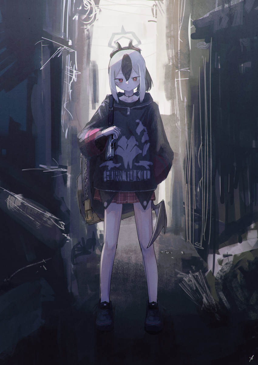 1girl absurdres alley backpack bag black_footwear black_hair blue_archive blush choker closed_mouth full_body halo hand_in_own_hair highres hood hood_down hoodie horns kayoko_(blue_archive) looking_at_viewer ponytail poyopoyo_(poyo_mega181) red_eyes shoes skirt solo standing white_hair