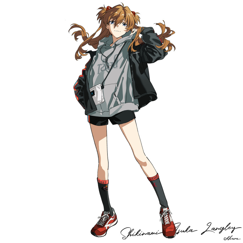 1girl absurdres blue_eyes fashion hand_in_pocket highres hood hoodie jacket long_hair looking_at_viewer neon_genesis_evangelion open_clothes open_jacket rebuild_of_evangelion shoes shorts simple_background sneakers socks solo souryuu_asuka_langley yoneyama_mai