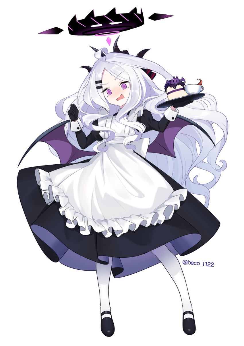 @_@ absurdly_long_hair ahoge apron back_bow beko_(beco_1122) black_dress black_footwear black_gloves blue_archive blush bow cake commentary cup demon_horns demon_wings dress flat_chest food frilled_apron frills full_body gloves hair_ornament hairclip halo hands_up highres hina_(blue_archive) holding holding_tray horns juliet_sleeves long_hair long_sleeves looking_at_viewer open_mouth pantyhose puffy_sleeves sidelocks standing teacup tray twitter_username v-shaped_eyebrows very_long_hair violet_eyes wavy_hair wavy_mouth white_apron white_hair white_pantyhose wings