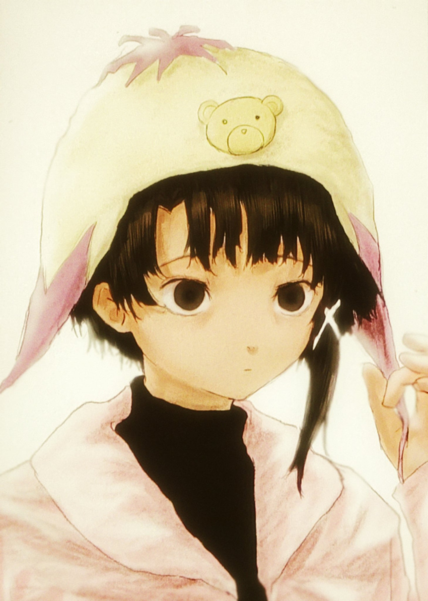 1girl brown_eyes brown_hair closed_mouth hair_ornament hand_up hat highres iwakura_lain ranm12s serial_experiments_lain short_hair simple_background single_sidelock solo upper_body x_hair_ornament