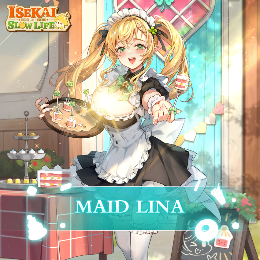 1girl apron arm_up artist_request black_dress blonde_hair blush bow breasts buttons cake cake_slice censored character_name clover clover_hair_ornament coin colored_text cuffs dress elf flower food four-leaf_clover frills green_bow green_eyes hair_ornament heart holding holding_plate isekai:_slow_life large_bow leaf light lisa_(isekai:_slow_life) logo maid maid_headdress medium_breasts mushroom nail_polish official_art one_eye_closed open_mouth outdoors pink_nails plate pointy_ears ponytail puffy_short_sleeves puffy_sleeves red_flower short_dress short_sleeves sign smile sparkle striped striped_bow teeth thigh-highs tongue tongue_out twintails upper_teeth_only waist_apron white_apron white_bow white_thighhighs wrist_cuffs