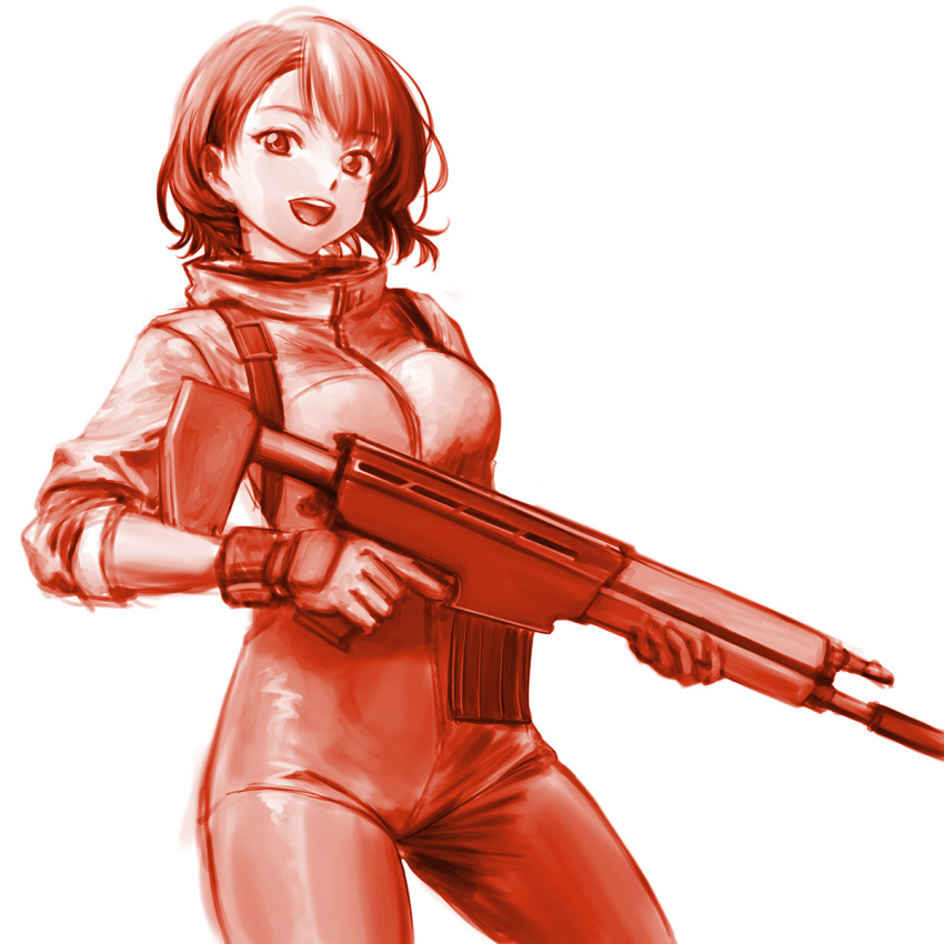1girl :d baraduke bodysuit breasts cowboy_shot gloves gun highres holding holding_gun holding_weapon legs_apart medium_breasts minamoto80486 monochrome open_mouth red_theme short_hair simple_background smile solo spacesuit standing teeth toby_masuyo trigger_discipline upper_teeth_only weapon white_background