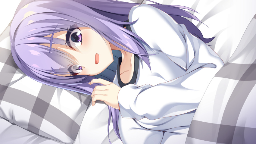 1girl aria. blush collarbone commentary_request eyelashes eyes_visible_through_hair furrowed_brow hair_between_eyes hand_up head_on_pillow highres ise_kotori light_purple_hair light_smile long_hair long_sleeves looking_at_viewer lying on_back on_side open_mouth paid_reward_available pajamas riddle_joker sidelocks solo under_covers upper_body variant_set violet_eyes white_pajamas