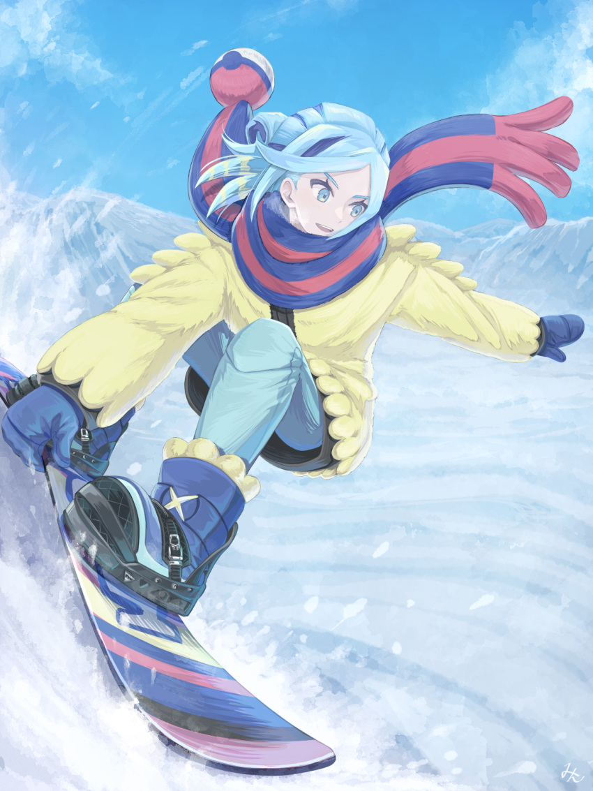 1boy aqua_eyes blue_footwear blue_hair blue_mittens blue_scarf boots commentary_request day eyelashes green_pants grusha_(pokemon) highres jacket long_sleeves male_focus min_(myna8247) open_mouth outdoors pants pokemon pokemon_(game) pokemon_sv scarf sky smile snow snowboard snowboarding striped striped_scarf yellow_jacket