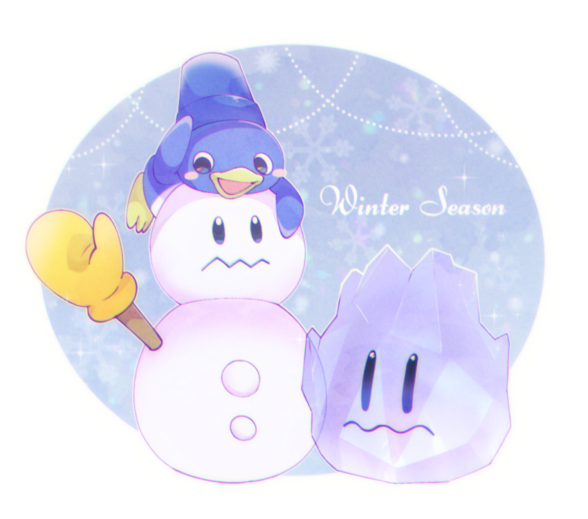 :d bird blue_background blush blush_stickers bucket bucket_on_head closed_mouth commentary_request freezie ice mittens mr._blizzard no_humans object_on_head omochiutyu open_mouth penguin penguin_(mario) simple_background smile snow snowflakes snowman super_mario_bros. wavy_mouth white_background yellow_mittens