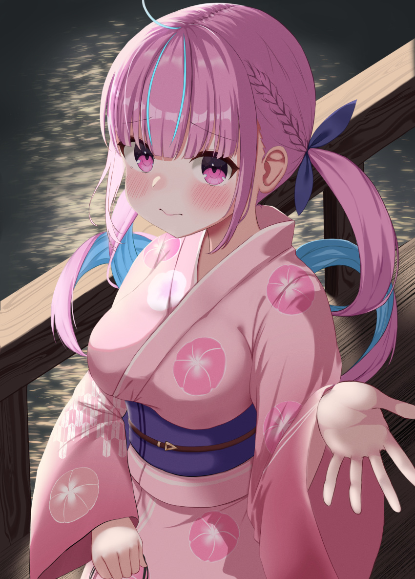 1girl absurdres ahoge beckoning blue_hair blue_ribbon blunt_bangs blush braid breasts bridge closed_mouth colored_inner_hair drill_hair french_braid hair_ribbon highres holding hololive japanese_clothes kimono long_hair looking_at_viewer medium_breasts minato_aqua multicolored_hair o_takibi obi obijime outdoors outstretched_hand pink_kimono print_kimono purple_hair ribbon sash solo streaked_hair twintails upper_body violet_eyes virtual_youtuber water wide_sleeves yagasuri