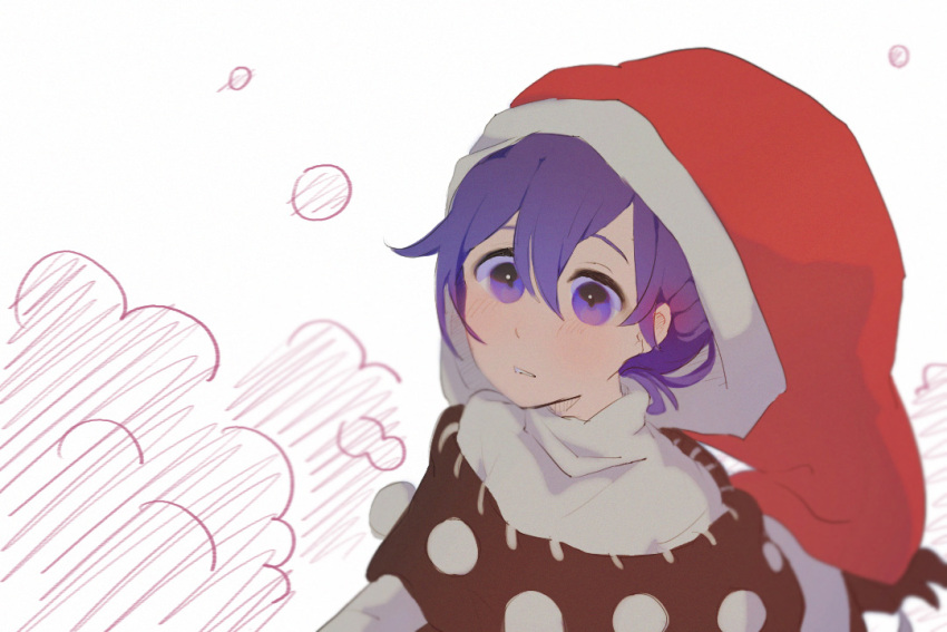 1girl blush doremy_sweet dress hair_between_eyes hat large_hat looking_at_viewer medium_hair minamia23 nightcap open_mouth pom_pom_(clothes) purple_hair red_headwear simple_background solo touhou upper_body violet_eyes white_background