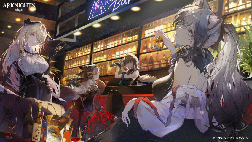 4girls absurdres alcohol arknights bar_(place) bar_stool bare_shoulders bartender blonde_hair bottle breasts champagne_flute character_request copyright_name counter cup drinking_glass grey_hair highres holding holding_cup indoors kanaria_(fuusenkazura) large_breasts liquor long_hair multiple_girls official_art ribbed_sweater shelf stool sweater whiskey yellow_eyes