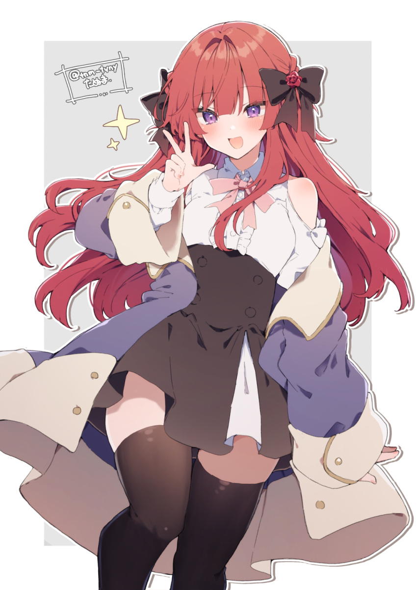 1girl :d anna_(ikeuchi_tanuma) bare_shoulders black_bow black_skirt black_thighhighs blush bow collared_dress dress hair_bow highres ikeuchi_tanuma jacket looking_at_viewer off_shoulder open_clothes open_jacket open_mouth original redhead signature skirt smile solo star_(symbol) thigh-highs tsurime twitter_username violet_eyes w zettai_ryouiki