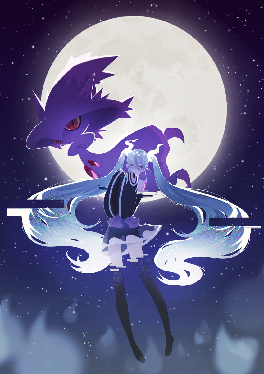 1girl aqua_hair black_thighhighs detached_sleeves floating full_moon ghost ghost_miku_(project_voltage) glitch gradient_hair hair_between_eyes hatsune_miku highres long_hair looking_at_viewer mismagius moon multicolored_hair night night_sky pokemon pokemon_(creature) project_voltage see-through see-through_skirt skirt sky sleeves_past_fingers sleeves_past_wrists thigh-highs twintails very_long_hair vocaloid will-o'-the-wisp_(mythology) yellow_eyes yo_(user_pytw8752)