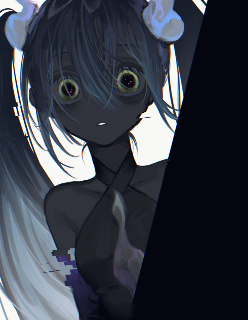 1girl bags_under_eyes blue_hair detached_arm ghost_miku_(project_voltage) glitch grey_shirt hair_between_eyes hatsune_miku highres long_hair looking_at_viewer nagata_3 necktie pale_skin peeking_out pokemon project_voltage shirt solo twintails upper_body vocaloid white_background white_necktie yellow_eyes